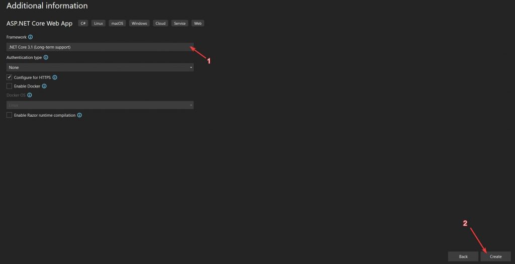 Select .NET Core 3.1 as the framework