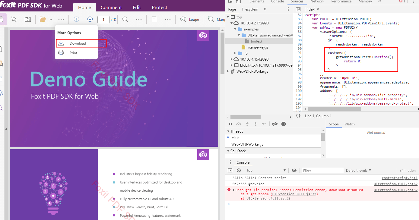 disable download function foxit software pdf sdk error options