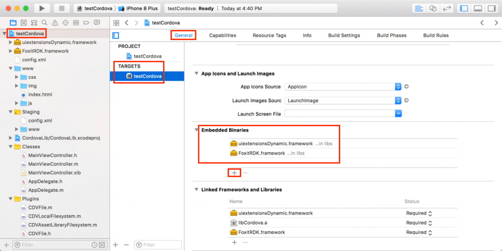 general targets test cordova ios pdf rdf embedded binaries ui extensions