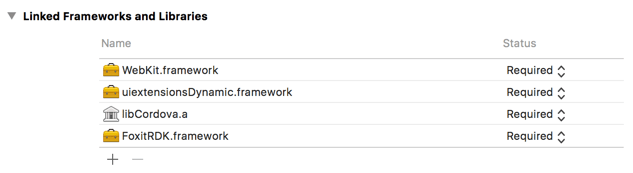 linked libraries web kit framework cordova ios ui extensions files