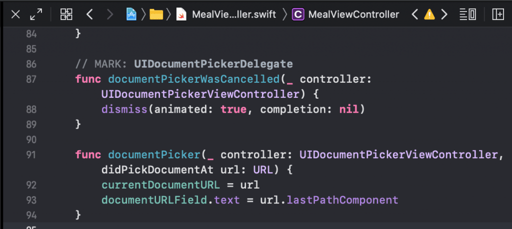 meal view controller ui document picker delegate finctions coding