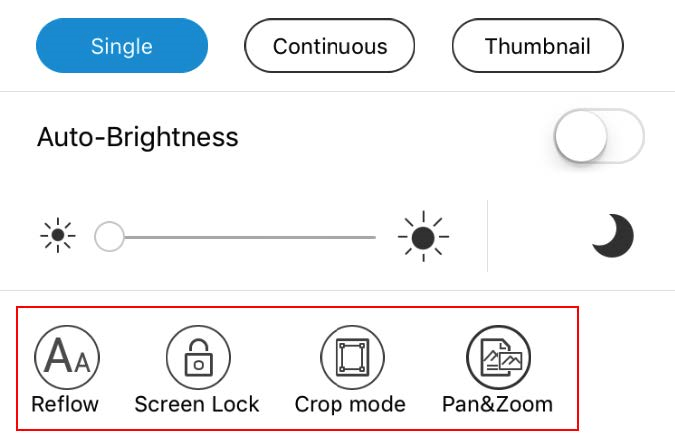 page layour settings icons reflow screen lock crop mode pan zoom ios pdf